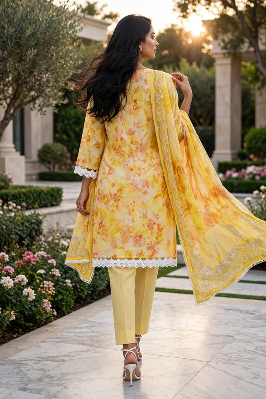 Yellow 3 piece stitched embroidered lawn suit