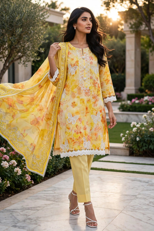 Yellow 3 piece stitched embroidered lawn suit