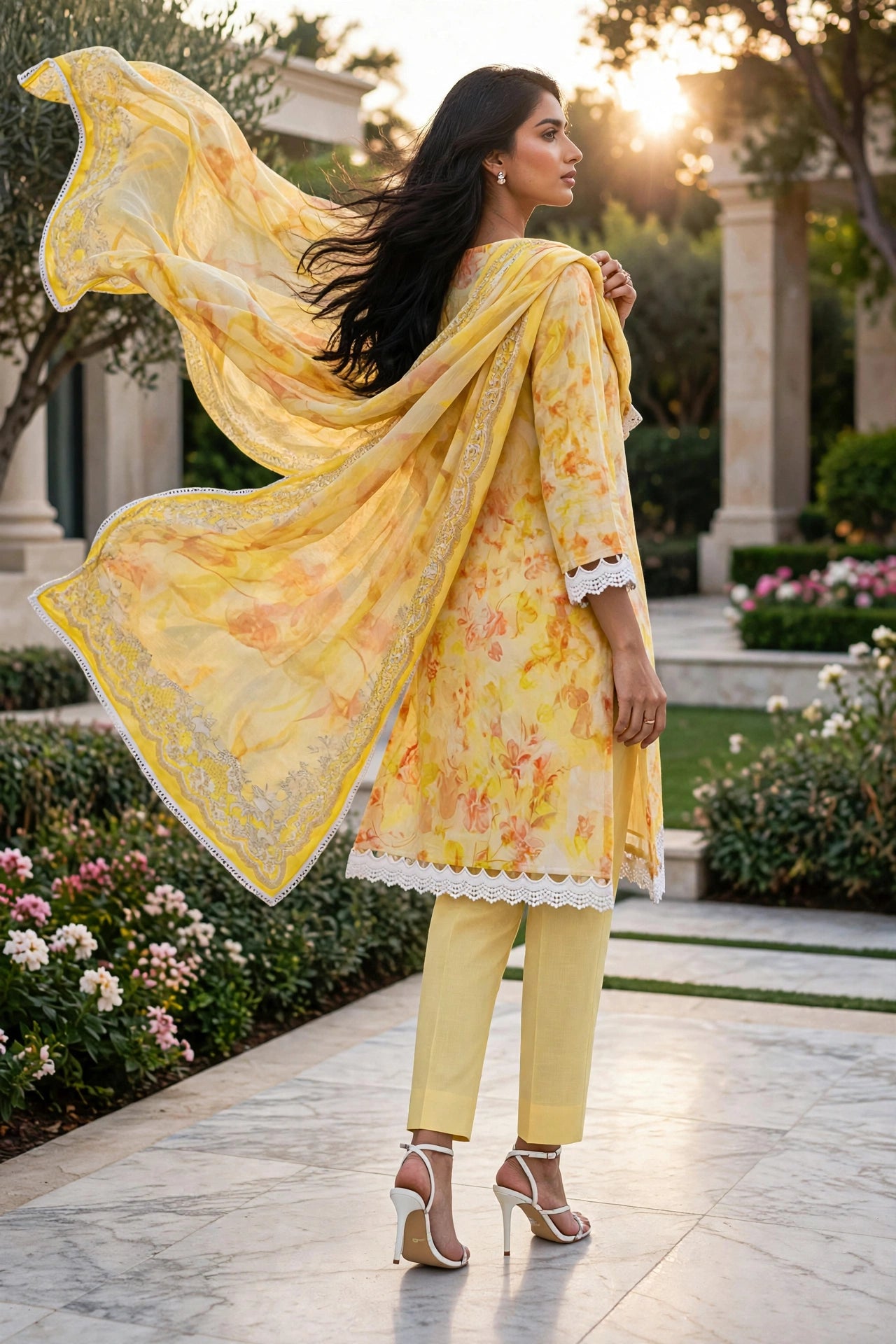 Yellow 3 piece stitched embroidered lawn suit